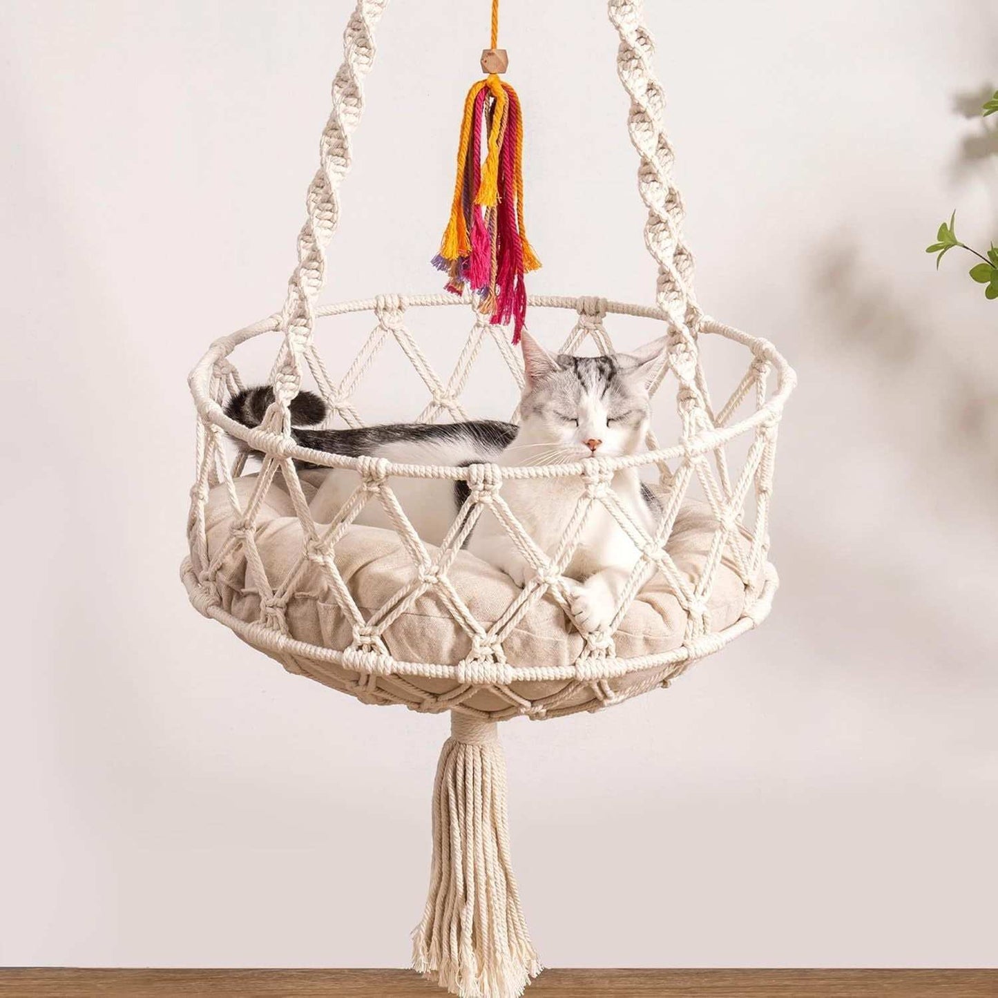 Macrame Cat Swing Bed For Indoor Cats - Boho Hanging Hammock With Washable Mat - Purrfect Pet Haven