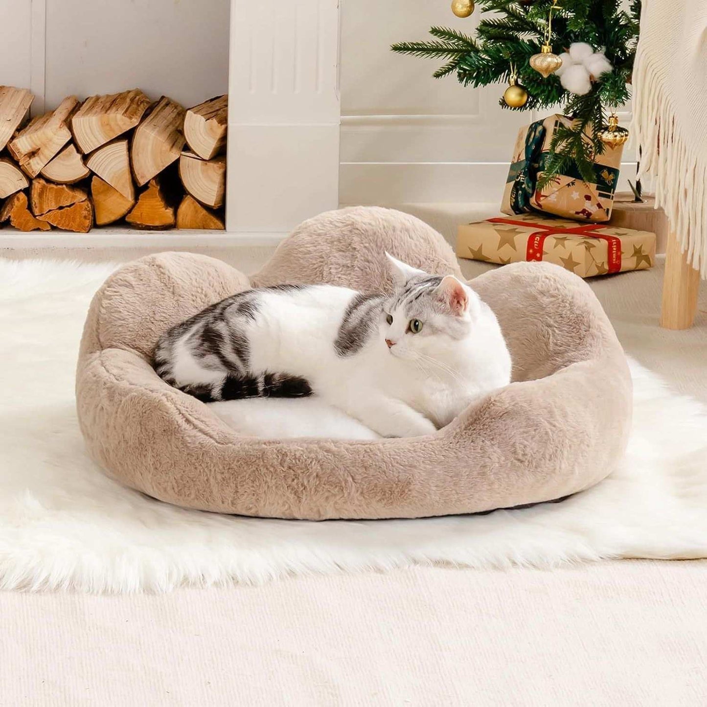Cozy Khaki Flower Pet Bed - Washable - Purrfect Pet Haven