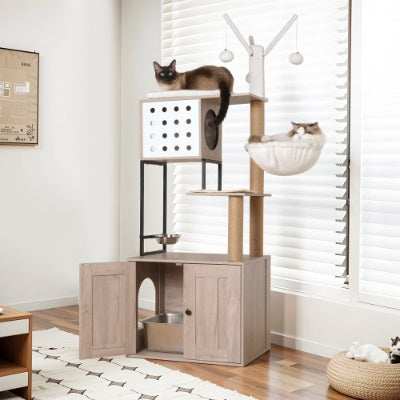 Modern Cat Condo Tree with Litter Box Enclosure - Purrfect Pet Haven