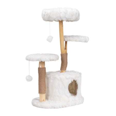 Wefulfil White Plush Natural Cat Tree with multiple platforms and sisal-wrapped scratching posts