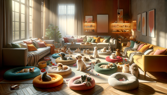 cats and dogs relaxing on colorful pet beds in a sunlit cozy room