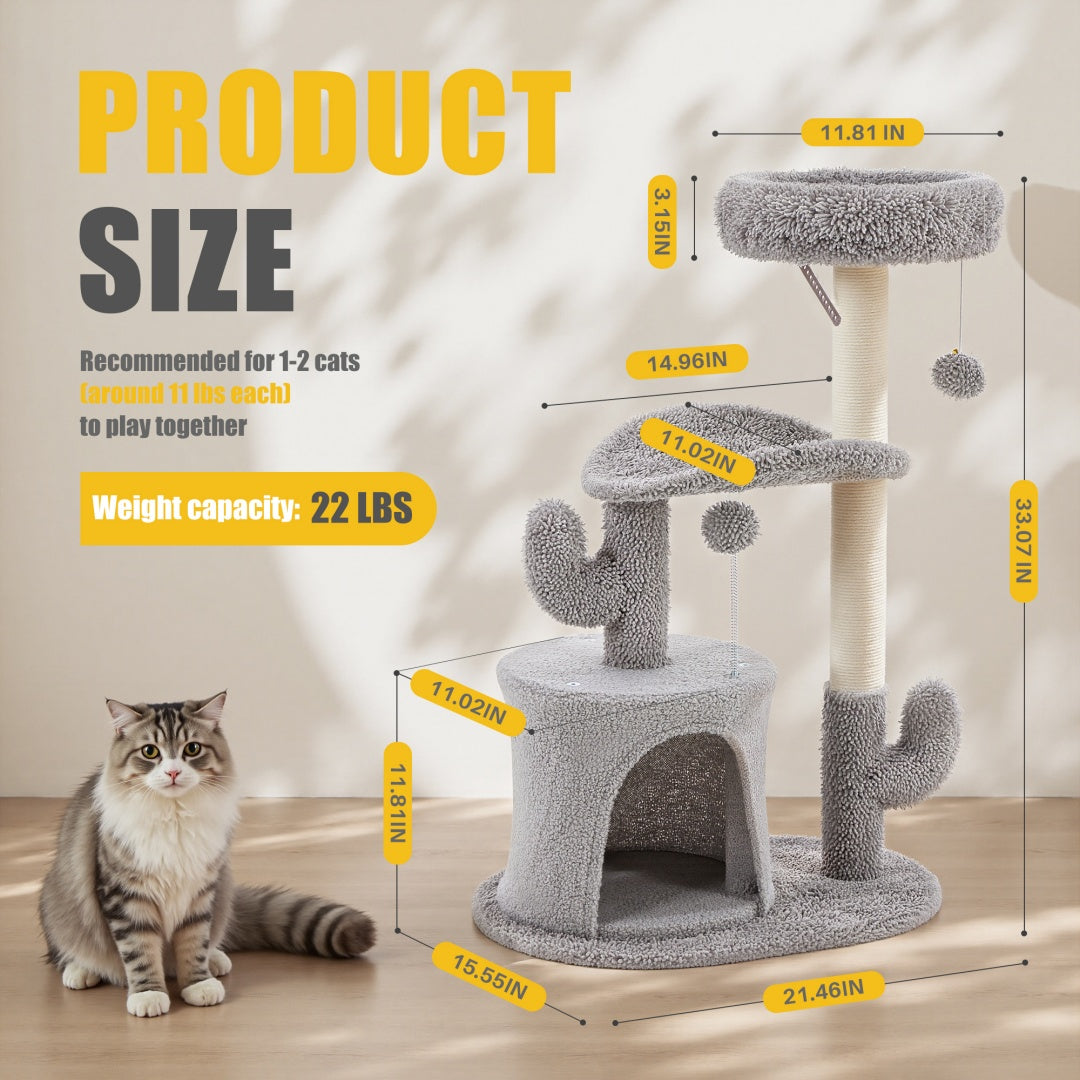 Cat Tree Tower - 33 Cactus Design with Curved Bed