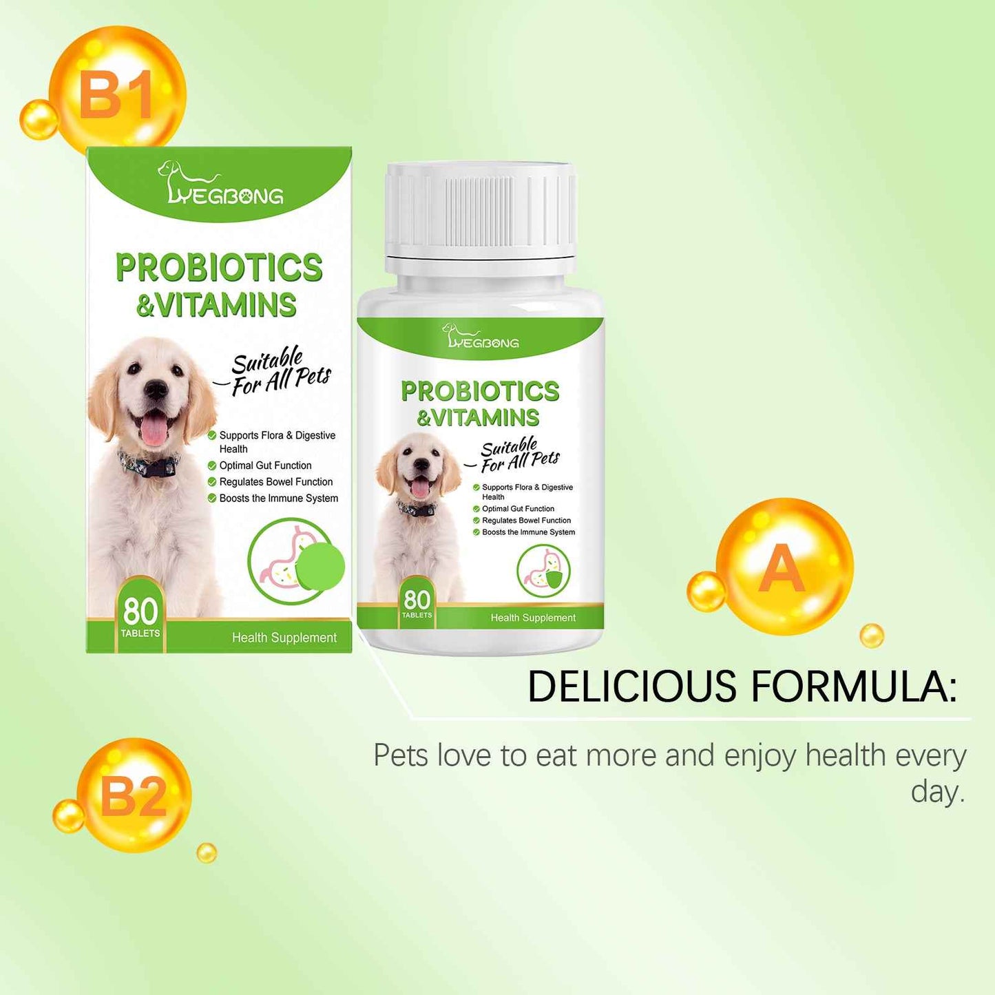 Pet Probiotics & Vitamin Tablets For Dogs & Cats, Gut Health Supplement, Support Digestion & Immune System, 80 Chewable Tablets
