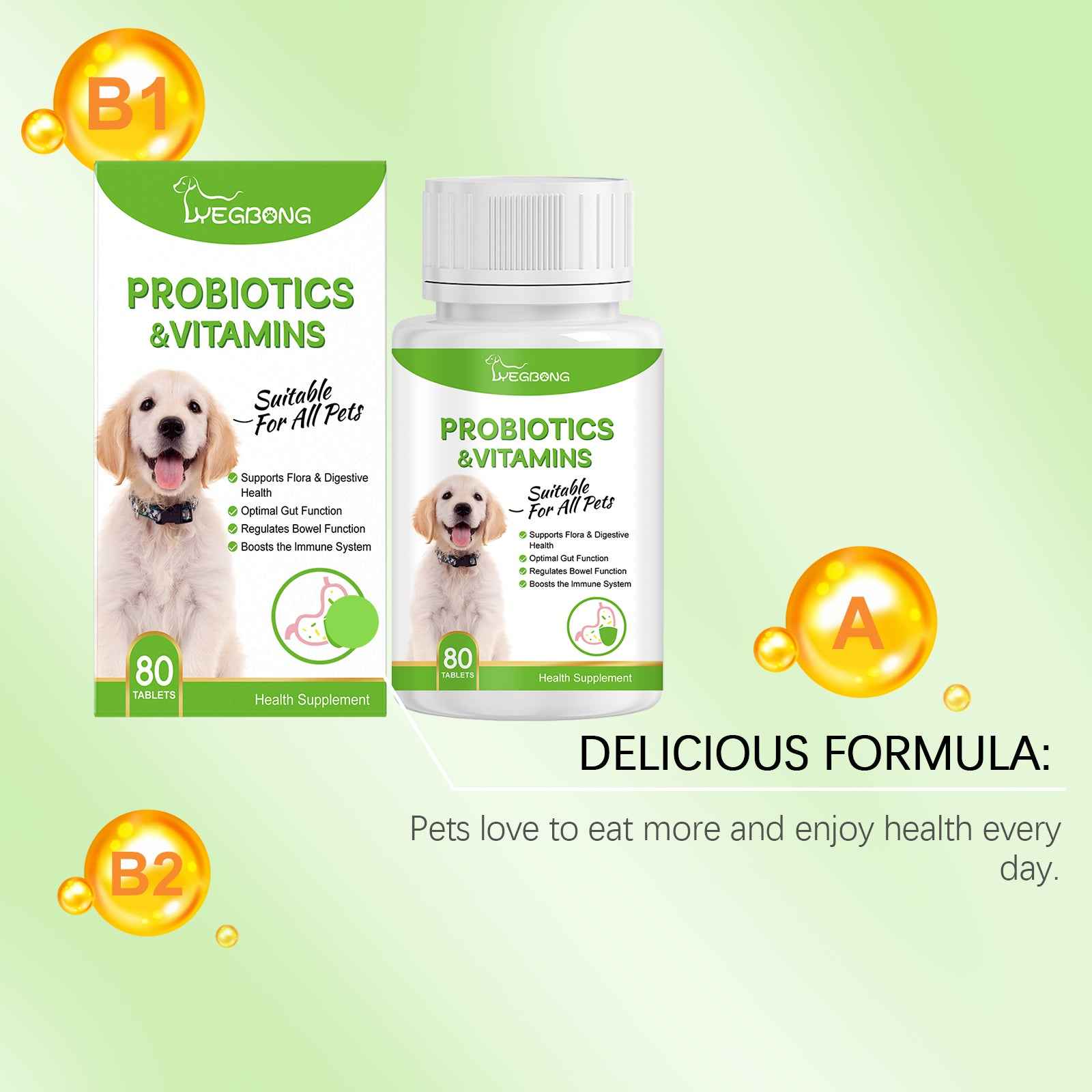 Pet Probiotics & Vitamin Tablets For Dogs & Cats, Gut Health Supplement, Support Digestion & Immune System, 80 Chewable Tablets