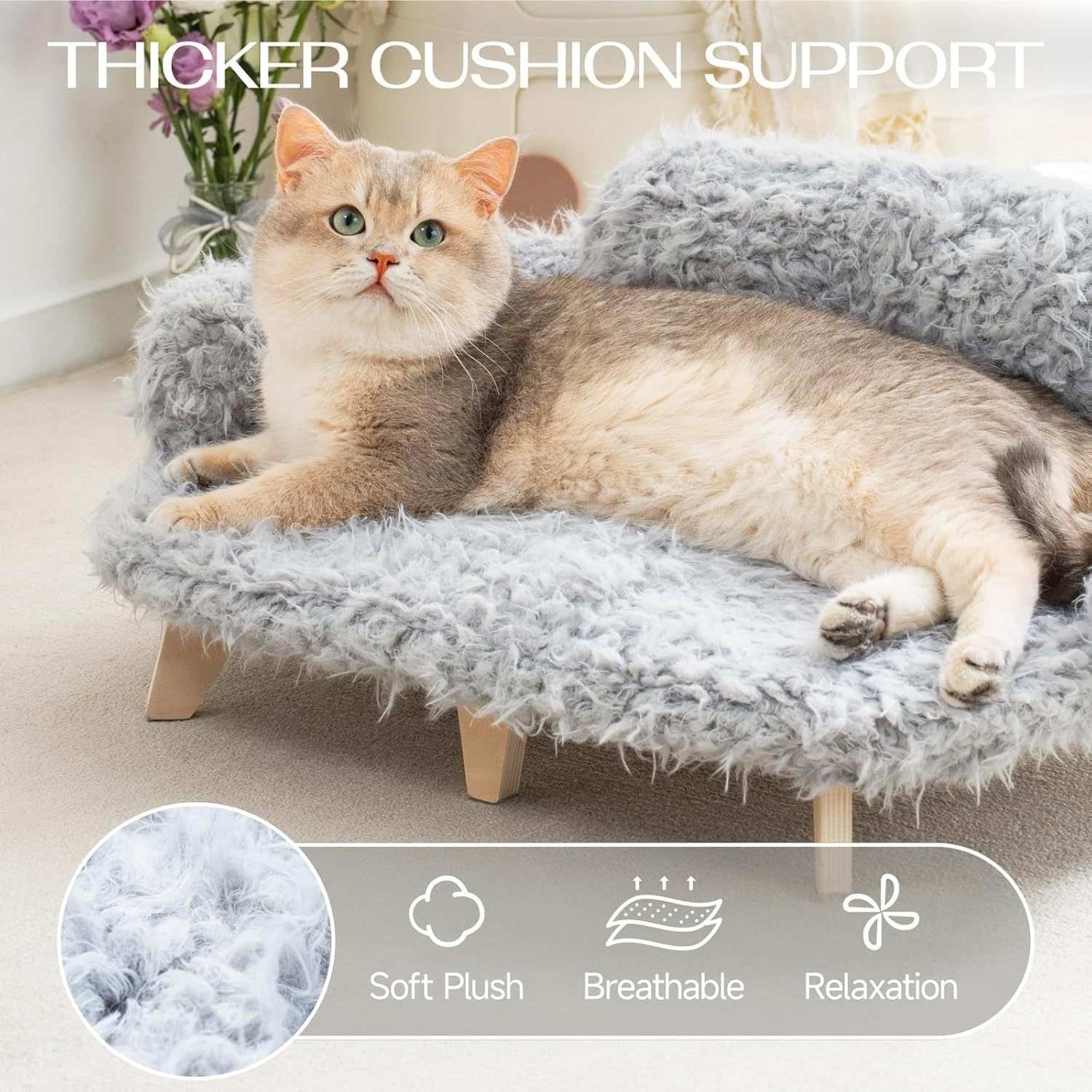 Cat lying on a fluffy pet bed with 'Thicker Cushion Support' text above.