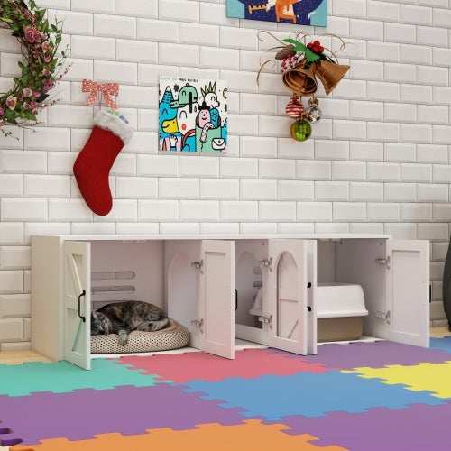 Modern Cat Litter Box Furniture With Double Room, Wooden Cat Litter Box Furniture With Cat Door - Purrfect Pet Haven