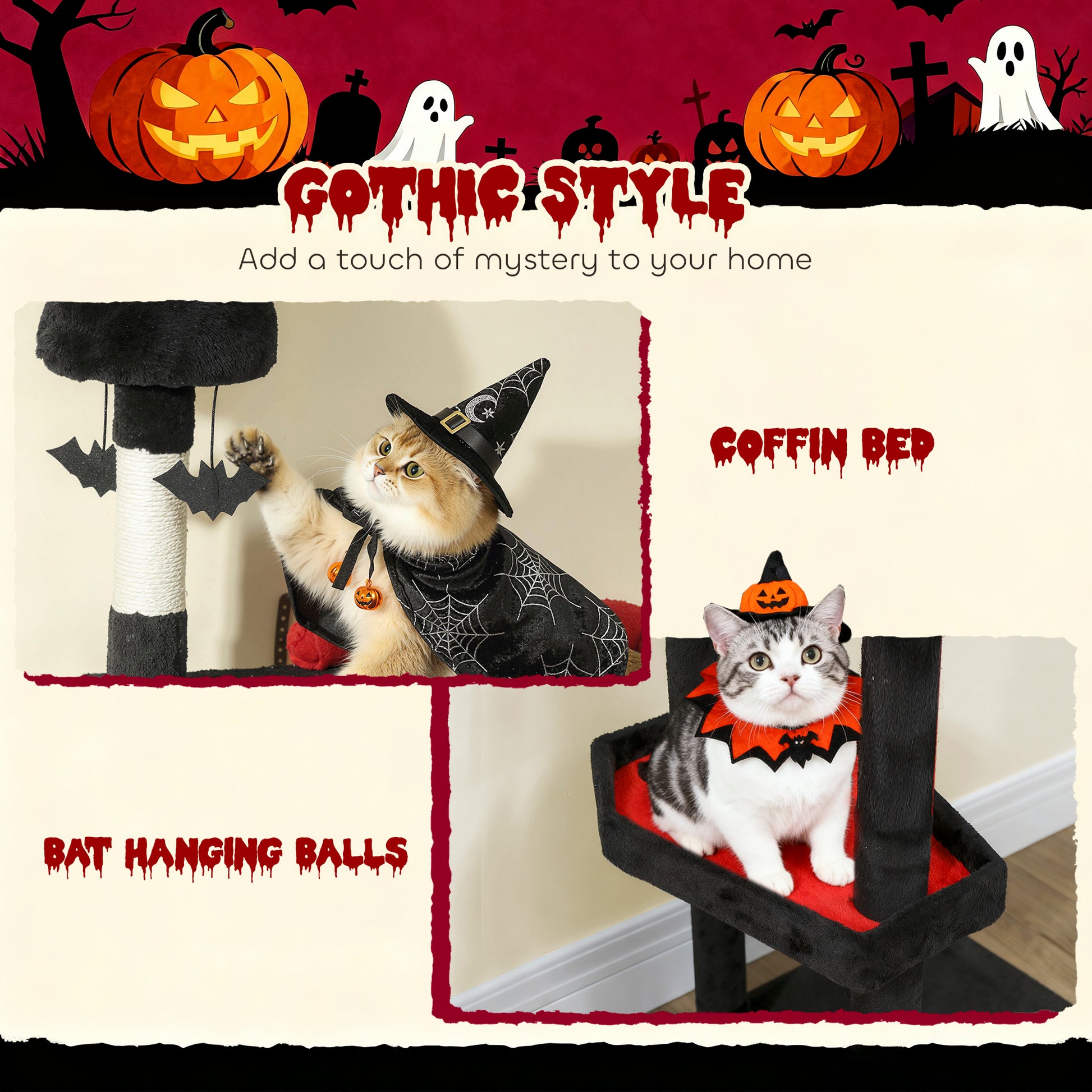 Gothic Cat Tree 78" - Castle Tower with Coffin Bed & Condos - Purrfect Pet Haven