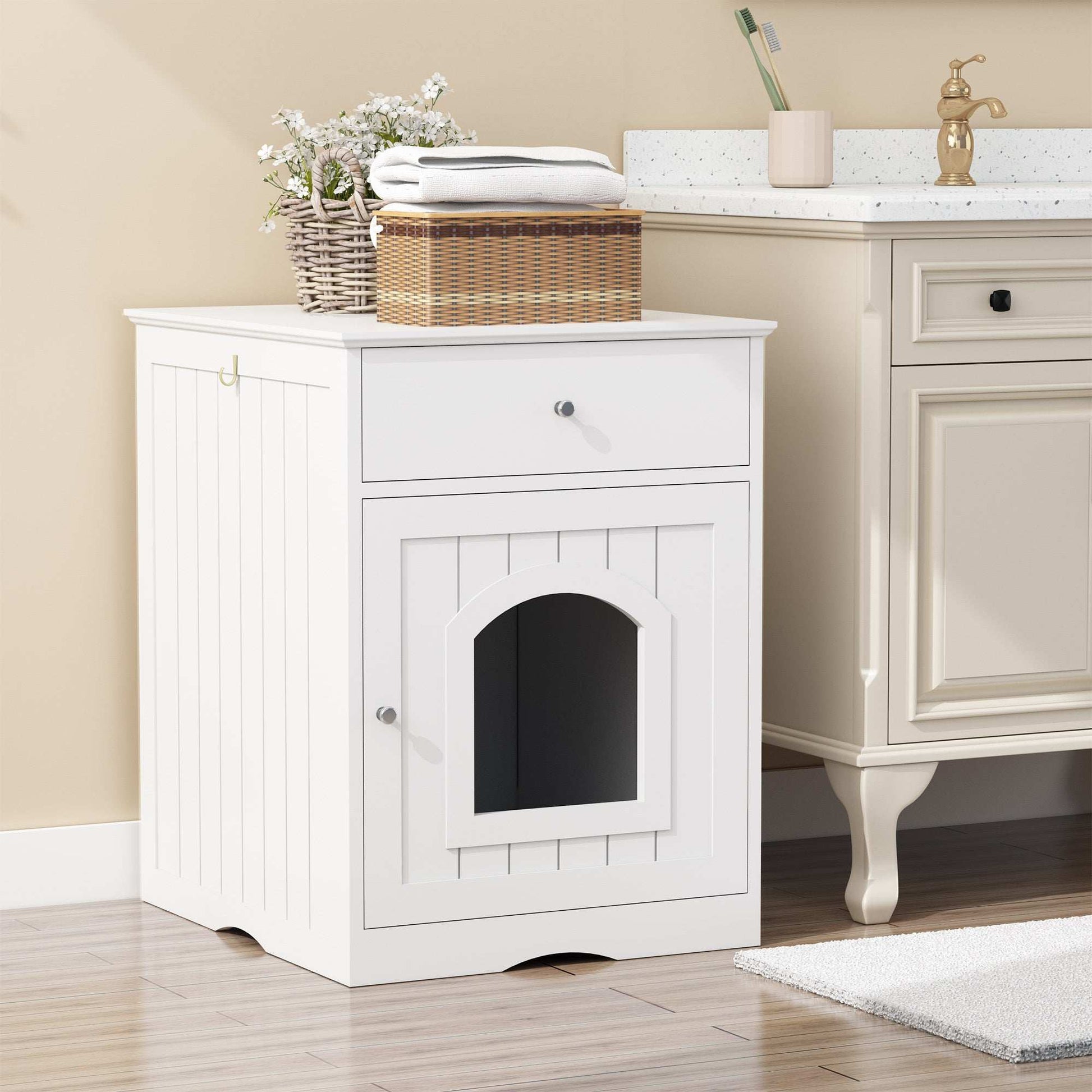 Wooden Pet House Litter Box Fence With Drawers - Purrfect Pet Haven