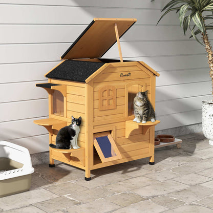 2-Story Wooden Outdoor Cat House - Feral Shelter with Escape Door - Purrfect Pet Haven