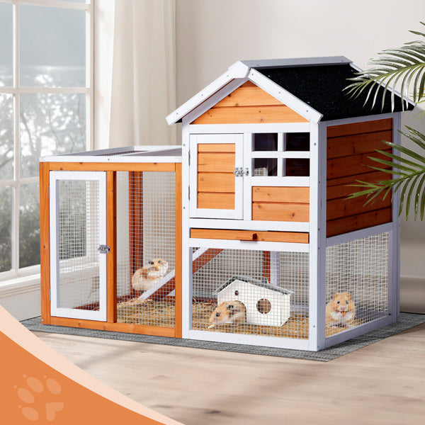 Wooden Rabbit Hutch with Run - Fir Wood with Ladder - Purrfect Pet Haven