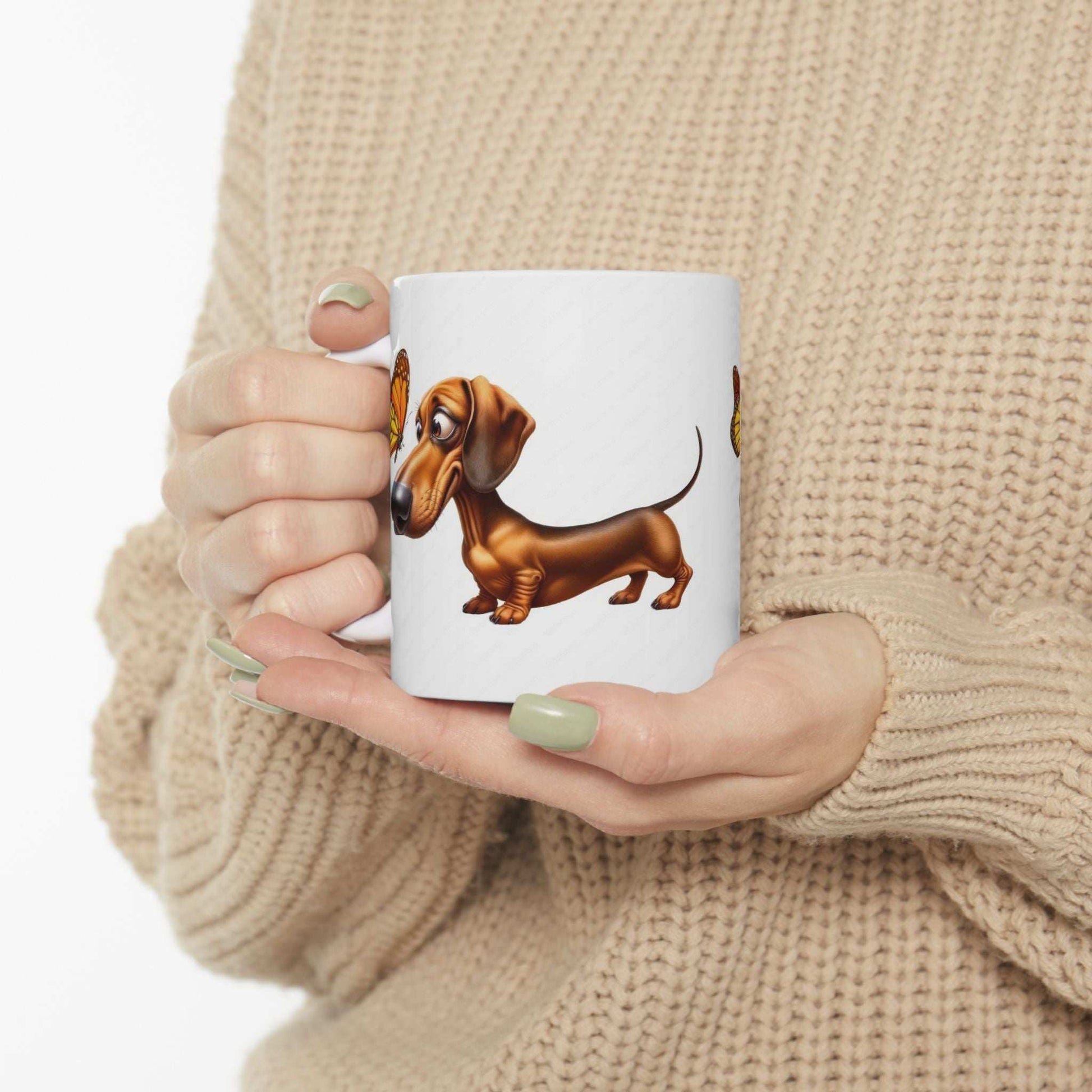 Cute Dachshund and Butterfly Ceramic Mug - Fun 11oz & 15oz Coffee Cup for Animal Lovers | Purrfect Pet Haven