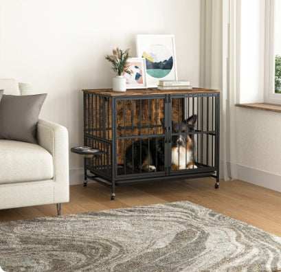 Multifunctional Furniture Crate Dog Cage with Removable Trays and Feeding Station - Purrfect Pet Haven