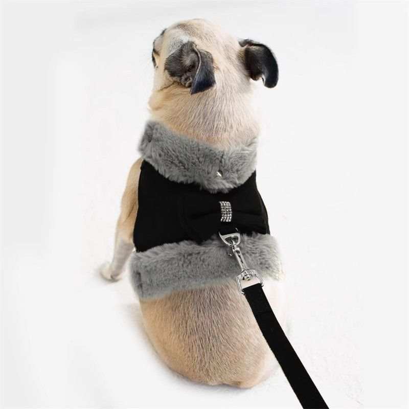 Warm Fur Collar Soft Padded Small Girl Pet Harness and Leash Set with Bow Tie - Purrfect Pet Haven