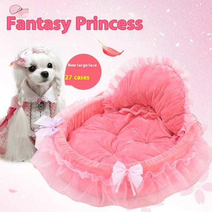 Pink pet bed with lace details and a small dog wearing a princess outfit on a pink background.