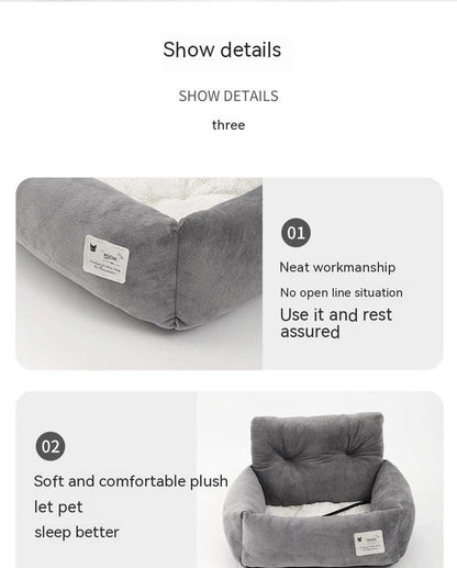 Gray pet bed with plush cushion on a white background