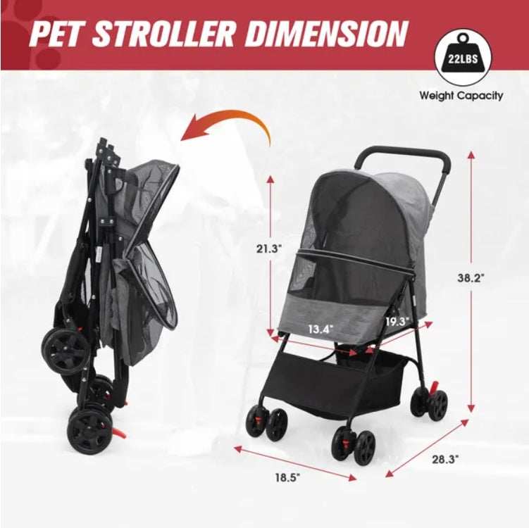 Foldable Pet Stroller, Small Dog Cat Stroller With Storage Basket For Small Puppies, Gray And Black - Purrfect Pet Haven