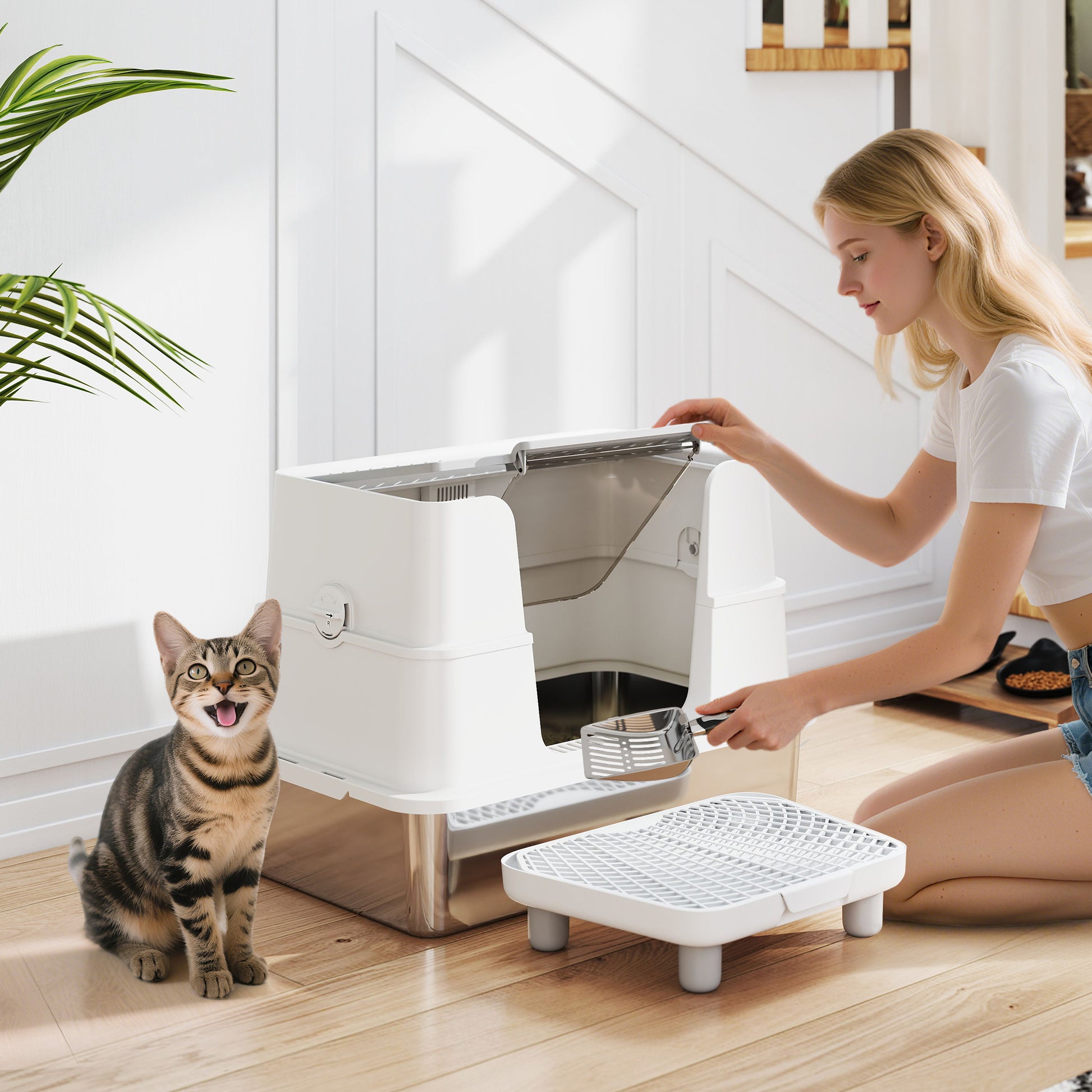 Cat Litter Box - XL Stainless Steel Enclosed with Scoop - Purrfect Pet Haven