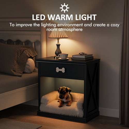 Vintage Farmhouse Small Table Pet Locker With Pet Bed and LED Lights - Purrfect Pet Haven