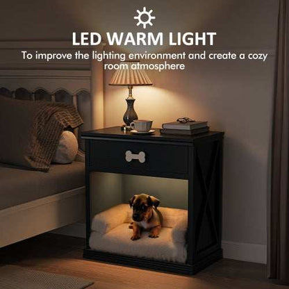 Vintage Farmhouse Small Table Pet Locker With Pet Bed and LED Lights - Purrfect Pet Haven