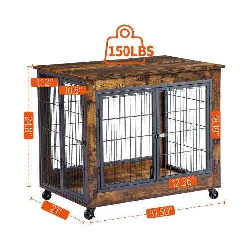 Furniture Style Dog Crate Side Table On Wheels With Double Doors And Lift Top. Rustic Brown, 31.50'' W X 22.05'' D X 25'' H. - Purrfect Pet Haven