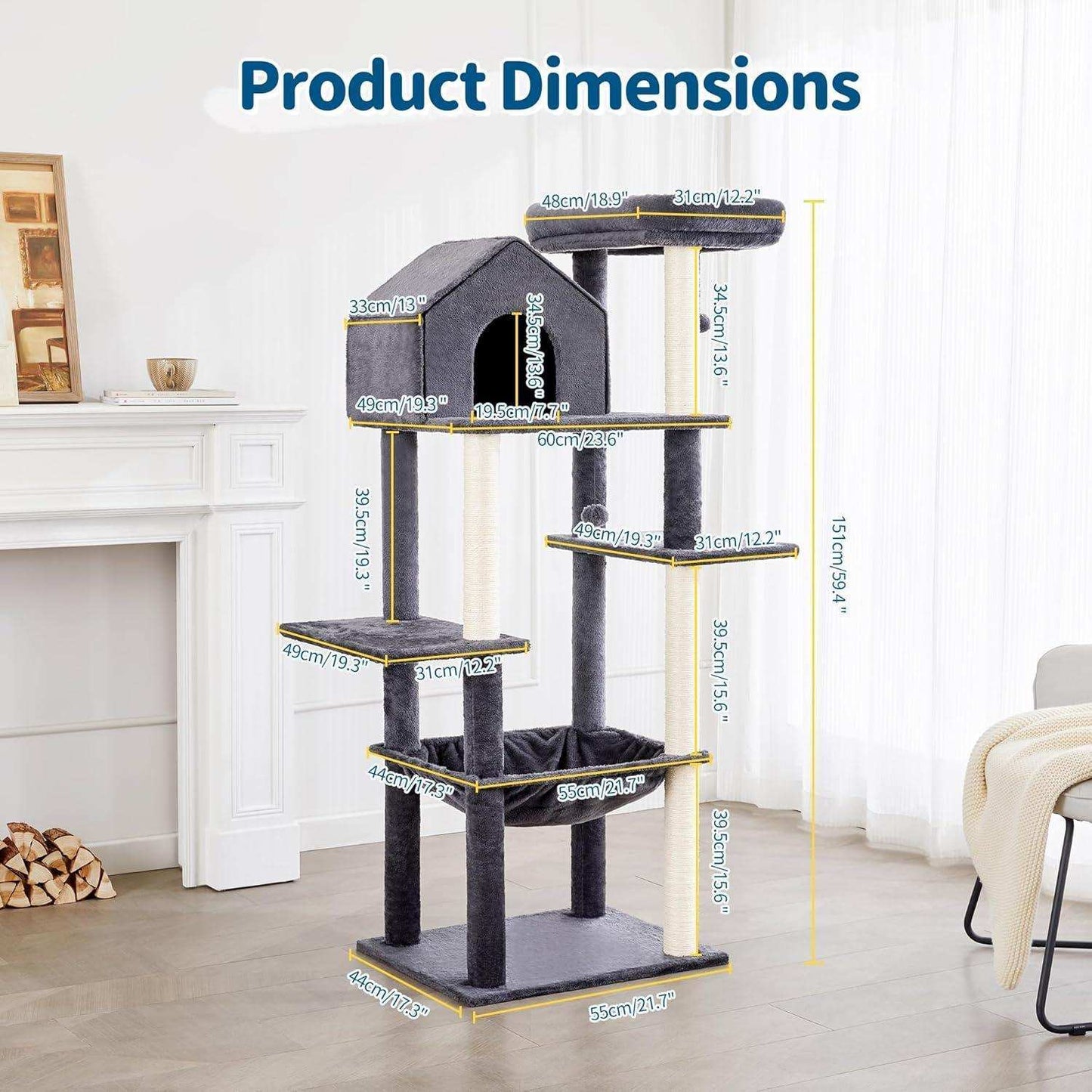 60 Inch Multi-Level Cat Tree For Indoor Cats With Plush Hammock - Purrfect Pet Haven