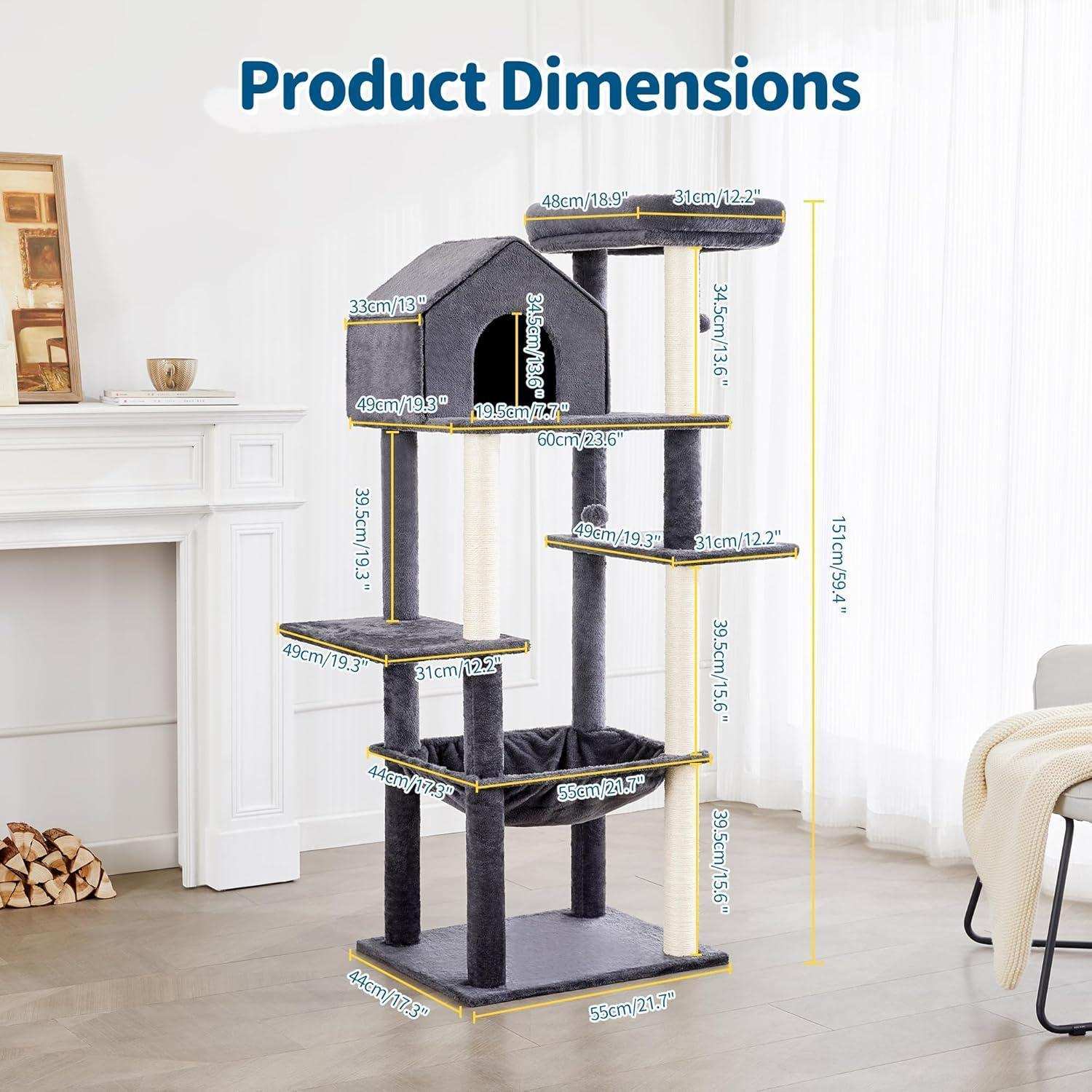 60 Inch Multi-Level Cat Tree For Indoor Cats With Plush Hammock - Purrfect Pet Haven