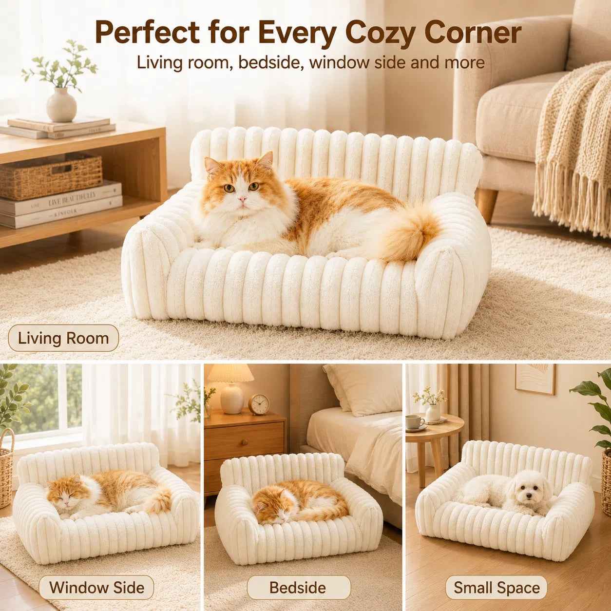 Cute Cat Couch For Pets - Fluffy Cat Beds With Premium Soft Corduroy Fleece, Fuzzy Cats Beds For Indoor Cats With Removable Washable Cover, Supportive Pet Sofa