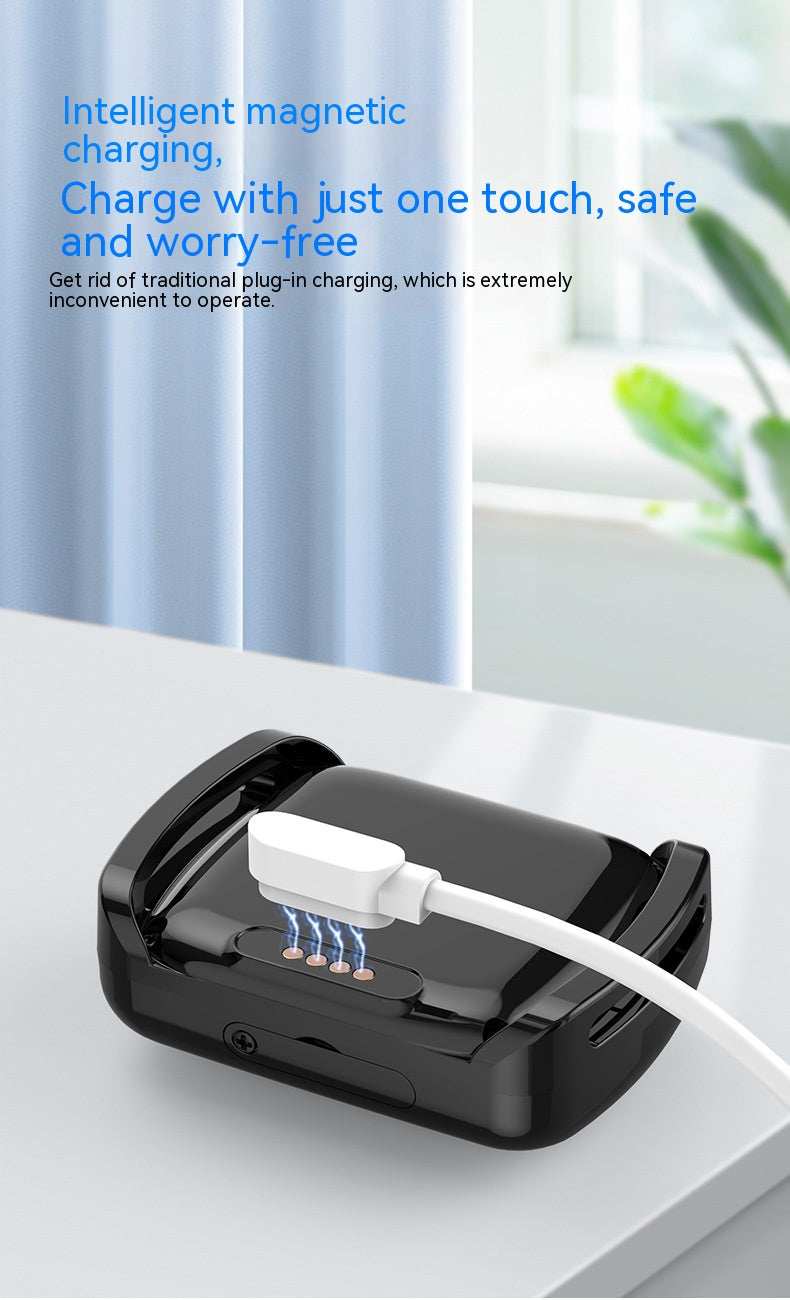 Black magnetic charging device with white cable on a light surface, with text about intelligent magnetic charging.