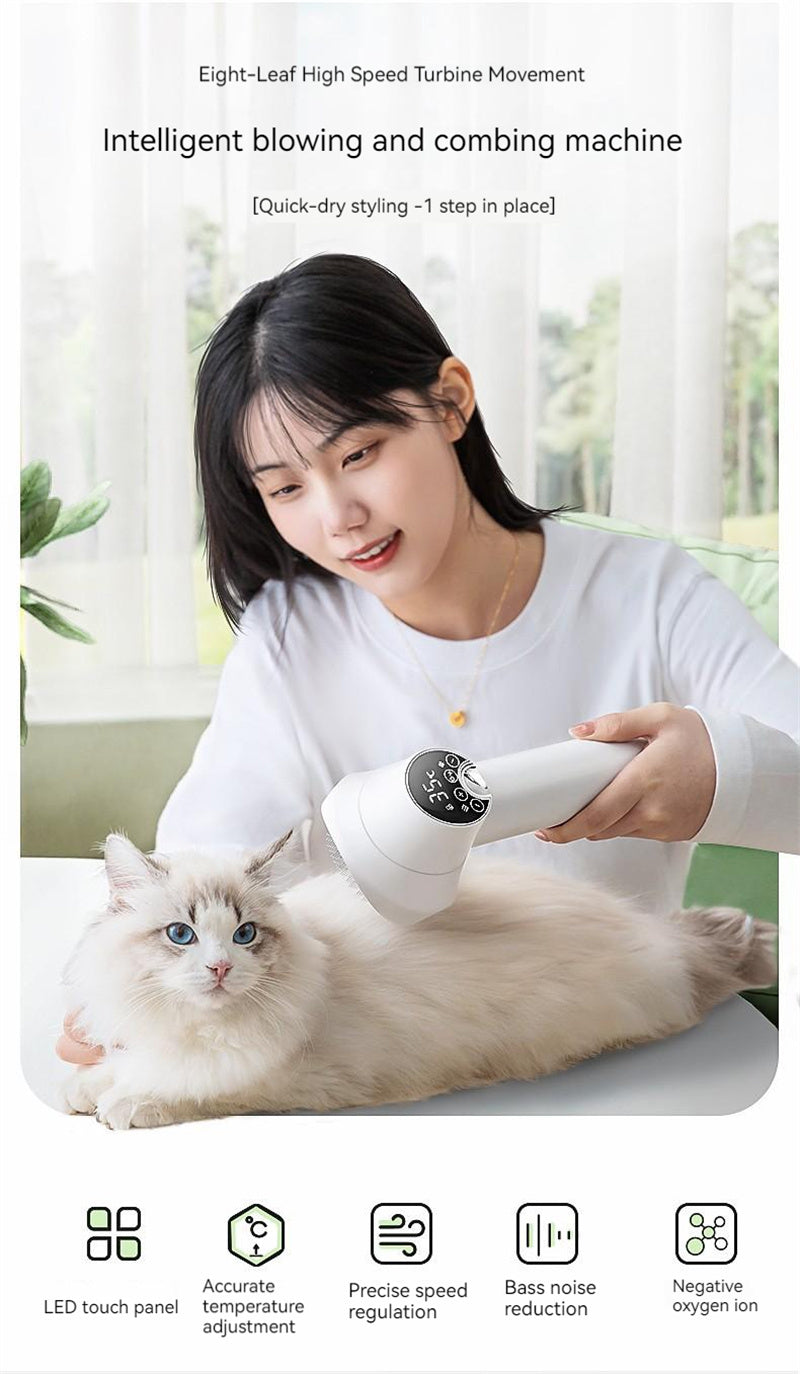 Pet Grooming Hair Dryer with Comb - Silent 2-in-1 Blow & Style