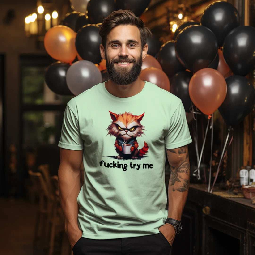 Try Me Cat Coffee Tee - Funny Sarcastic T-Shirt - Purrfect Pet Haven