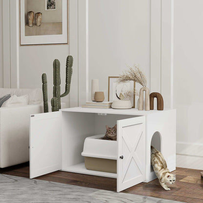 Cat Litter Box Enclosure with Barn Door - Hidden Cabinet - Purrfect Pet Haven