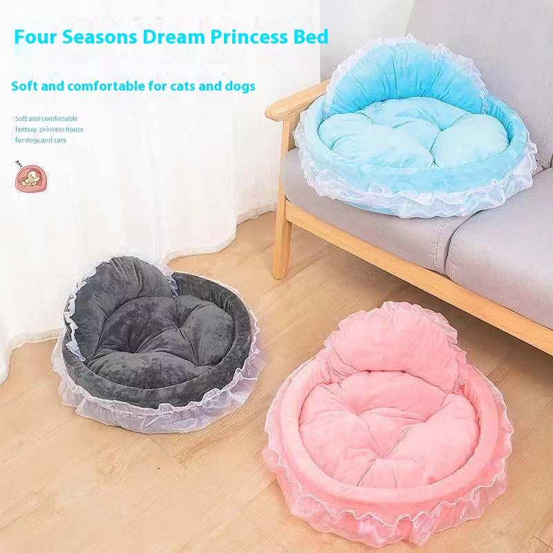 Four Seasons Dream Princess Bed in blue, gray, and pink on a wooden floor.