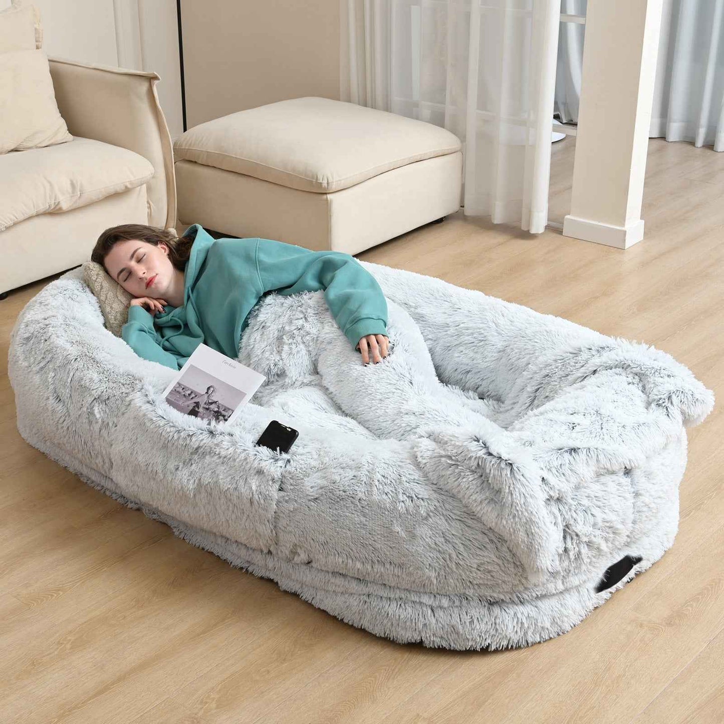 Oversized Human Dog Bed For Adults & Pets, 71 In X45 In X 12 In Ultra Soft Faux Fur Lounger, Washable Floor Bed With Orthopedic Support, Pillow & Blanket Included For Cozy Rest