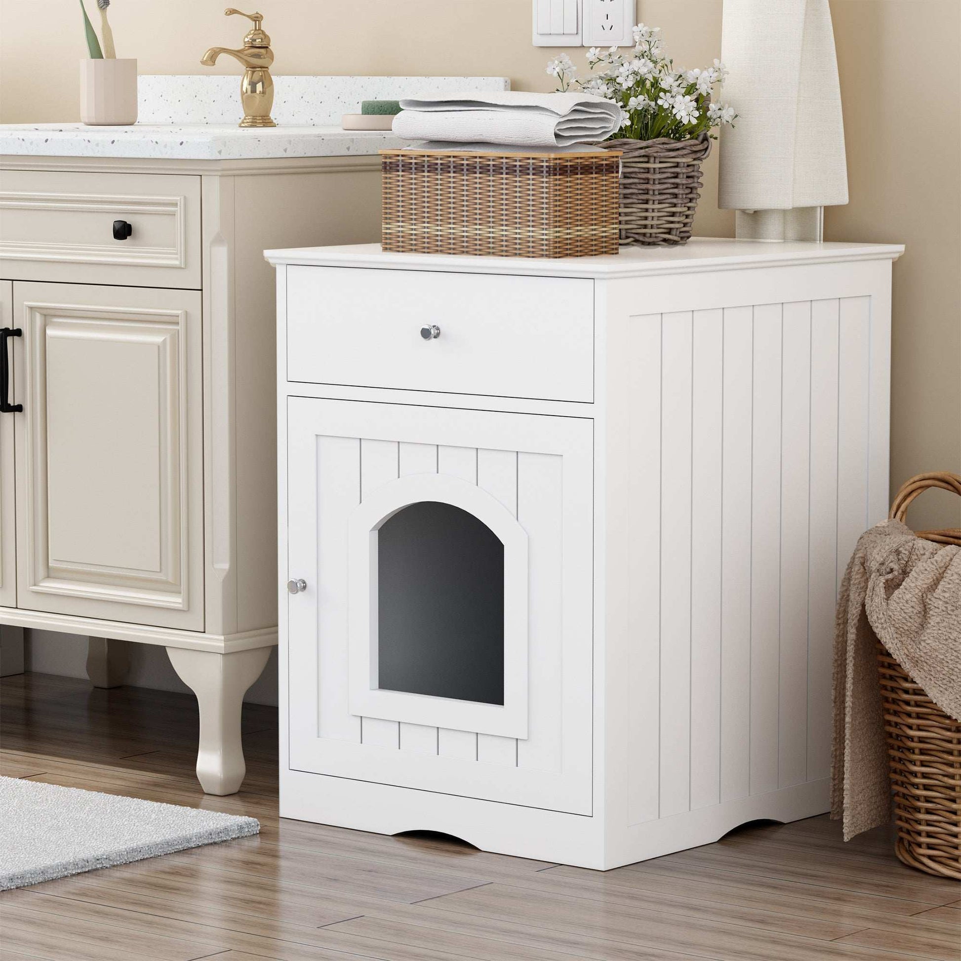 Wooden Pet House Litter Box Fence With Drawers - Purrfect Pet Haven