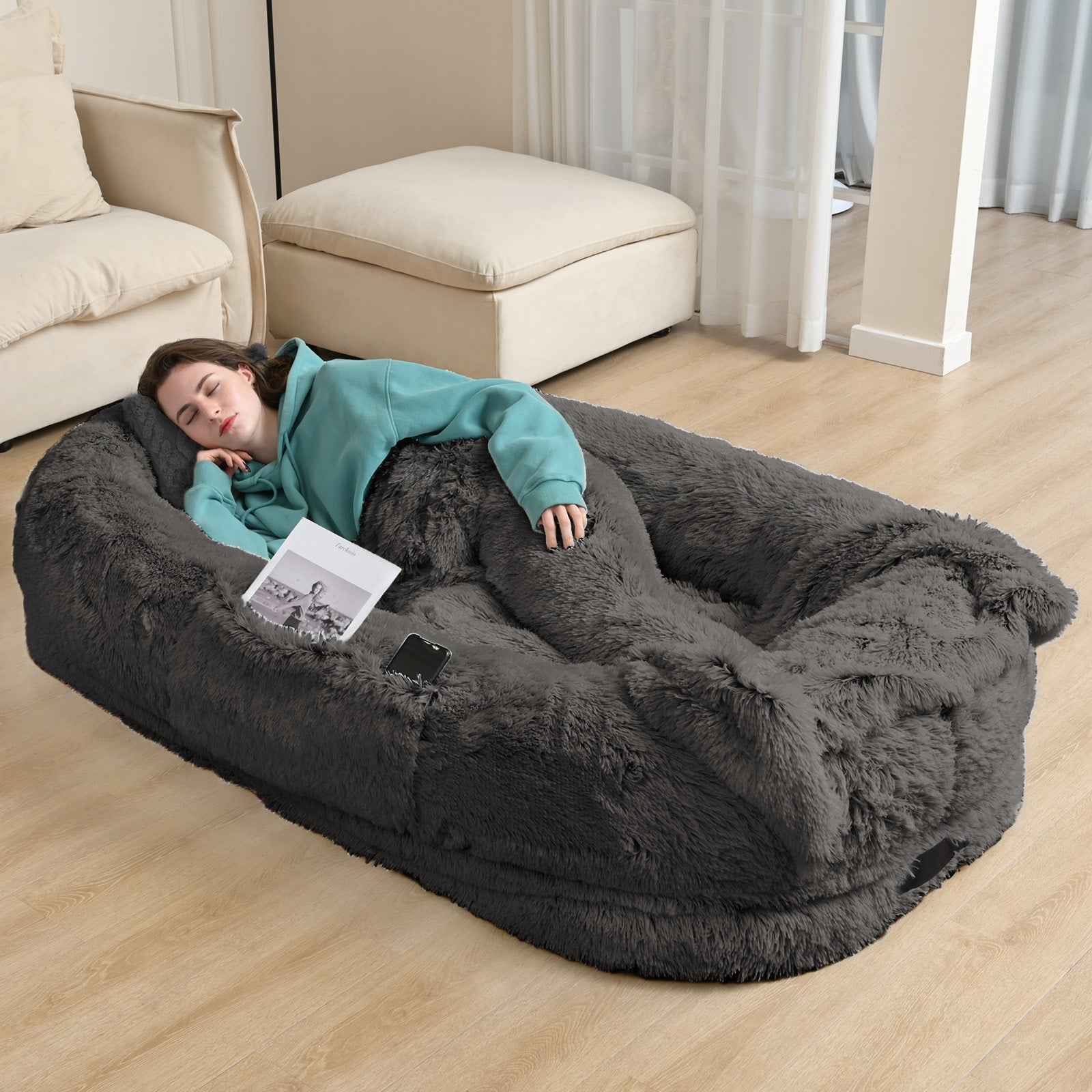 Oversized Human Dog Bed For Adults & Pets, 71 In X45 In X 12 In Ultra Soft Faux Fur Lounger, Washable Floor Bed With Orthopedic Support, Pillow & Blanket Included For Cozy Rest