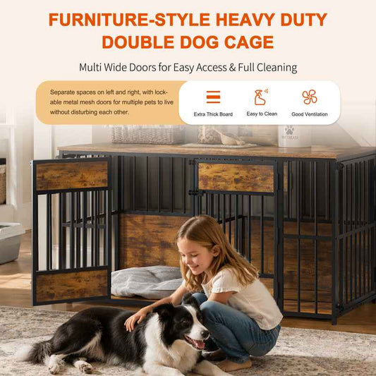 Wooden Dog Crate Furniture, Large Dog Kennel With Storage Top, Indoor Pet Cage