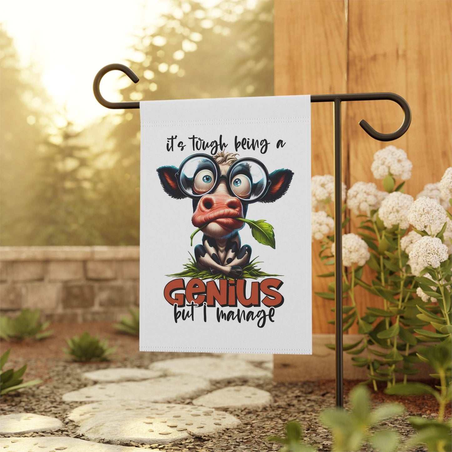 Funny Cow Garden Banner - "It's Tough Being a Genius But I Manage" | Purrfect Pet Haven