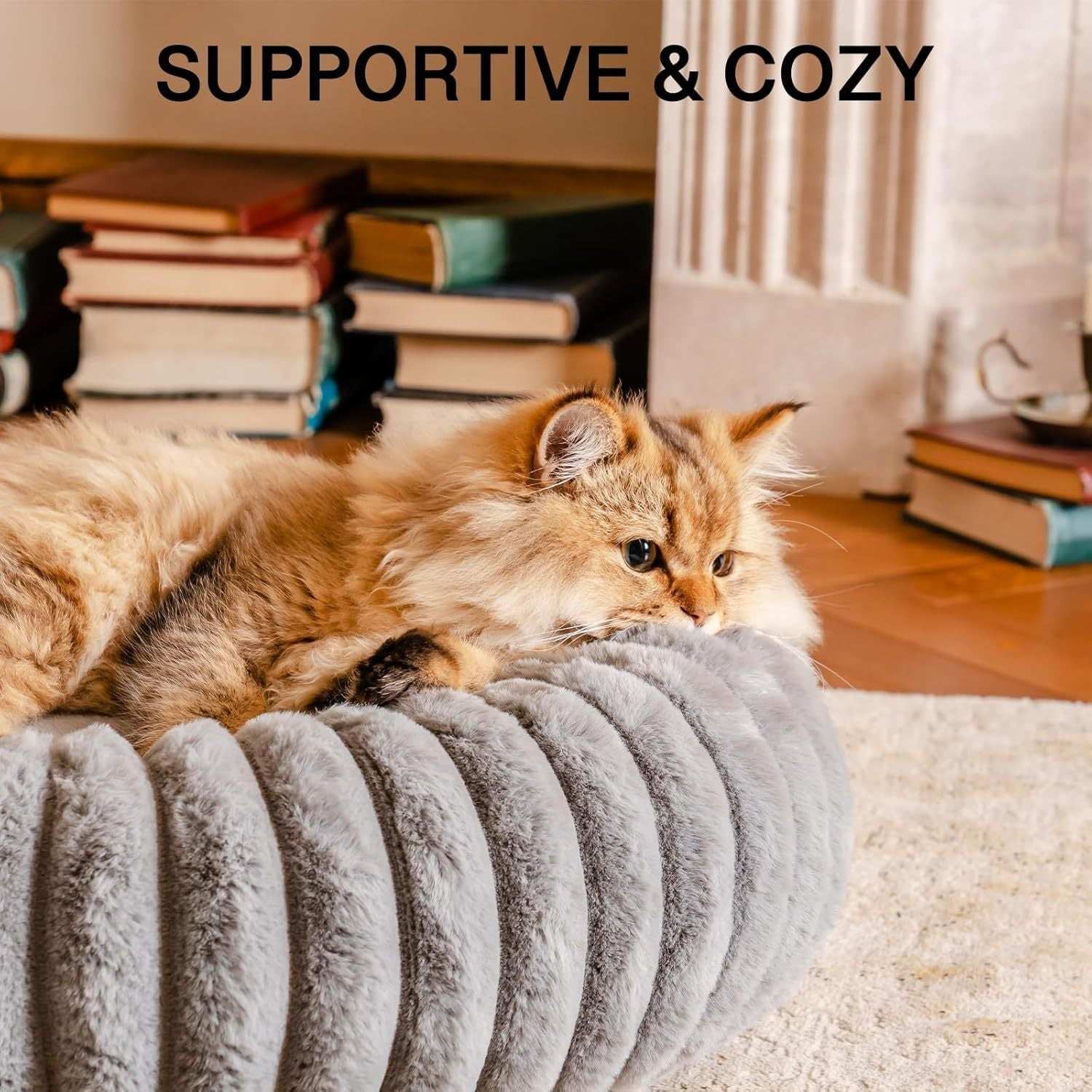 Fluffy Grey Round Pet Bed - Calming - Purrfect Pet Haven
