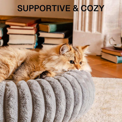 Fluffy Grey Round Pet Bed - Calming - Purrfect Pet Haven