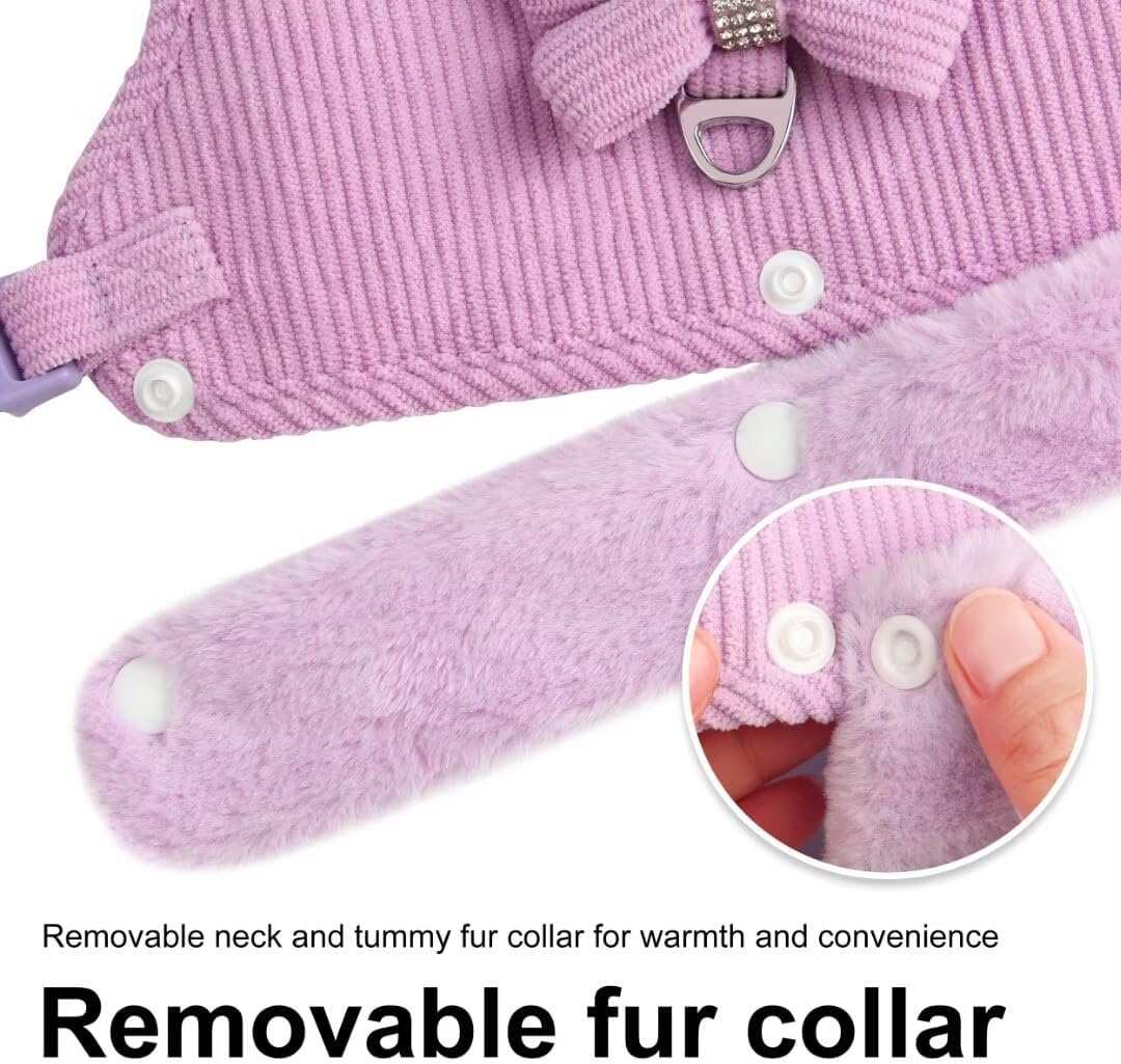 Warm Fur Collar Soft Padded Small Girl Pet Harness and Leash Set with Bow Tie - Purrfect Pet Haven