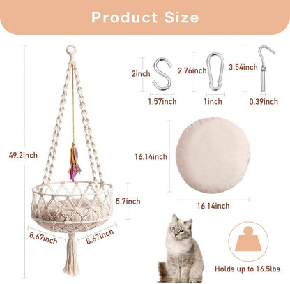 Macrame Cat Swing Bed For Indoor Cats - Boho Hanging Hammock With Washable Mat - Purrfect Pet Haven