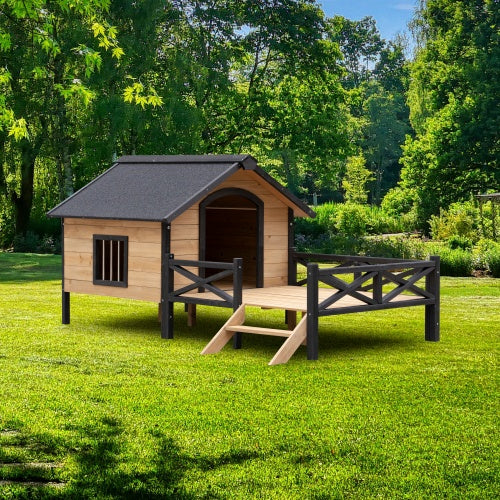 Large Wooden Dog House - Outdoor Cabin with Porch - Purrfect Pet Haven