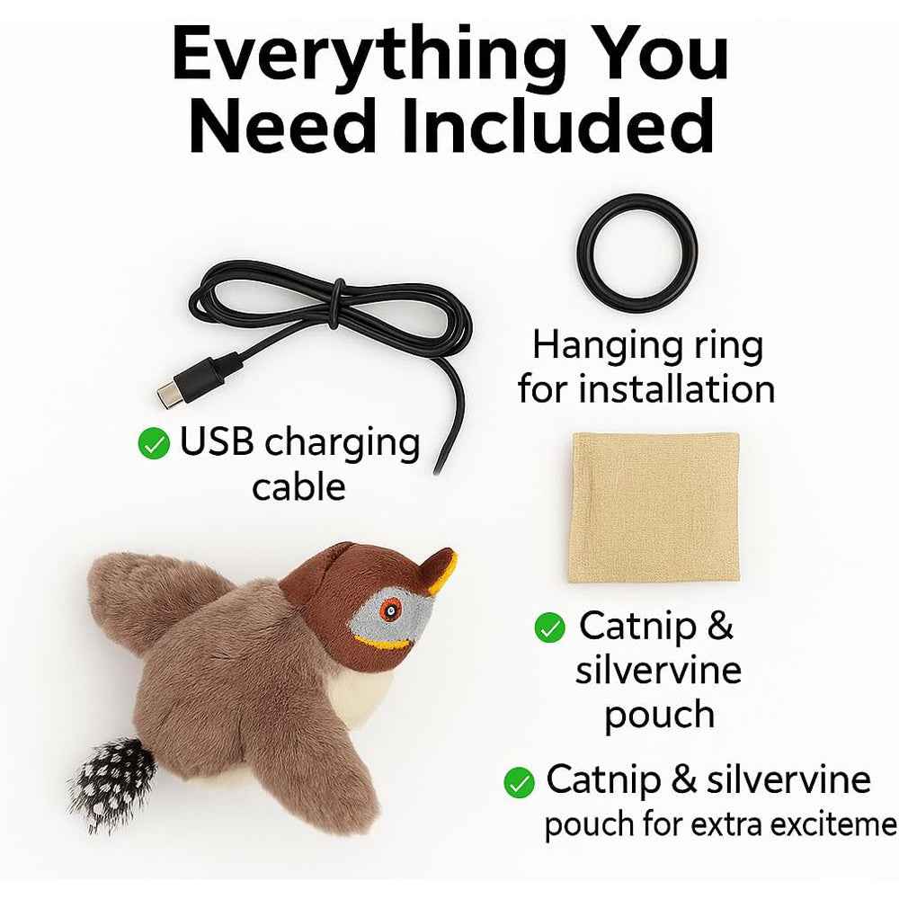 USB Rechargeable Flapping Bird Cat Toy, Realistic Chirping White Faced Sparrow Plush Toy, Motion Activated Electronic Interactive Pet Toy For Indoor Cats Exercise