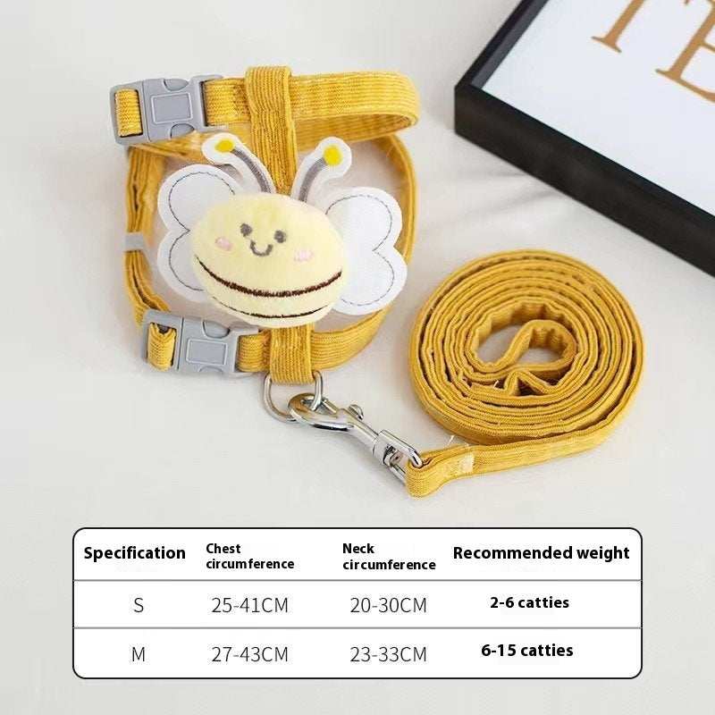 Yellow pet leash with a cartoon character end and specifications on a white background
