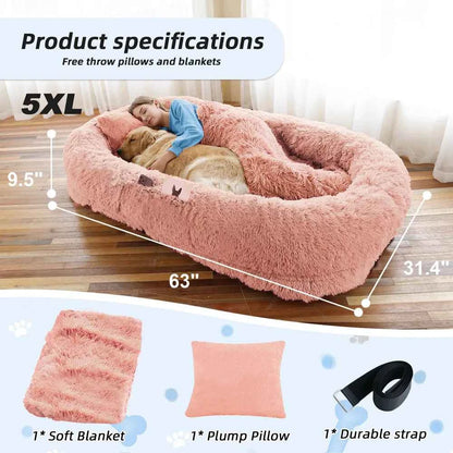 Human Dog Bed, Large Size Fits You And Pets, Washable Faux Fur Dog Bed For People Doze Off, Napping Orthopedic Dog Bed, Present Plump Pillow, Blanket, Strap