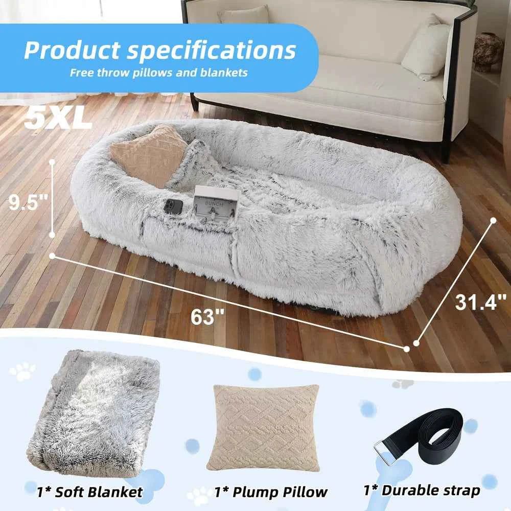 Human Dog Bed, Large Size Fits You And Pets, Washable Faux Fur Dog Bed For People Doze Off, Napping Orthopedic Dog Bed, Present Plump Pillow, Blanket, Strap