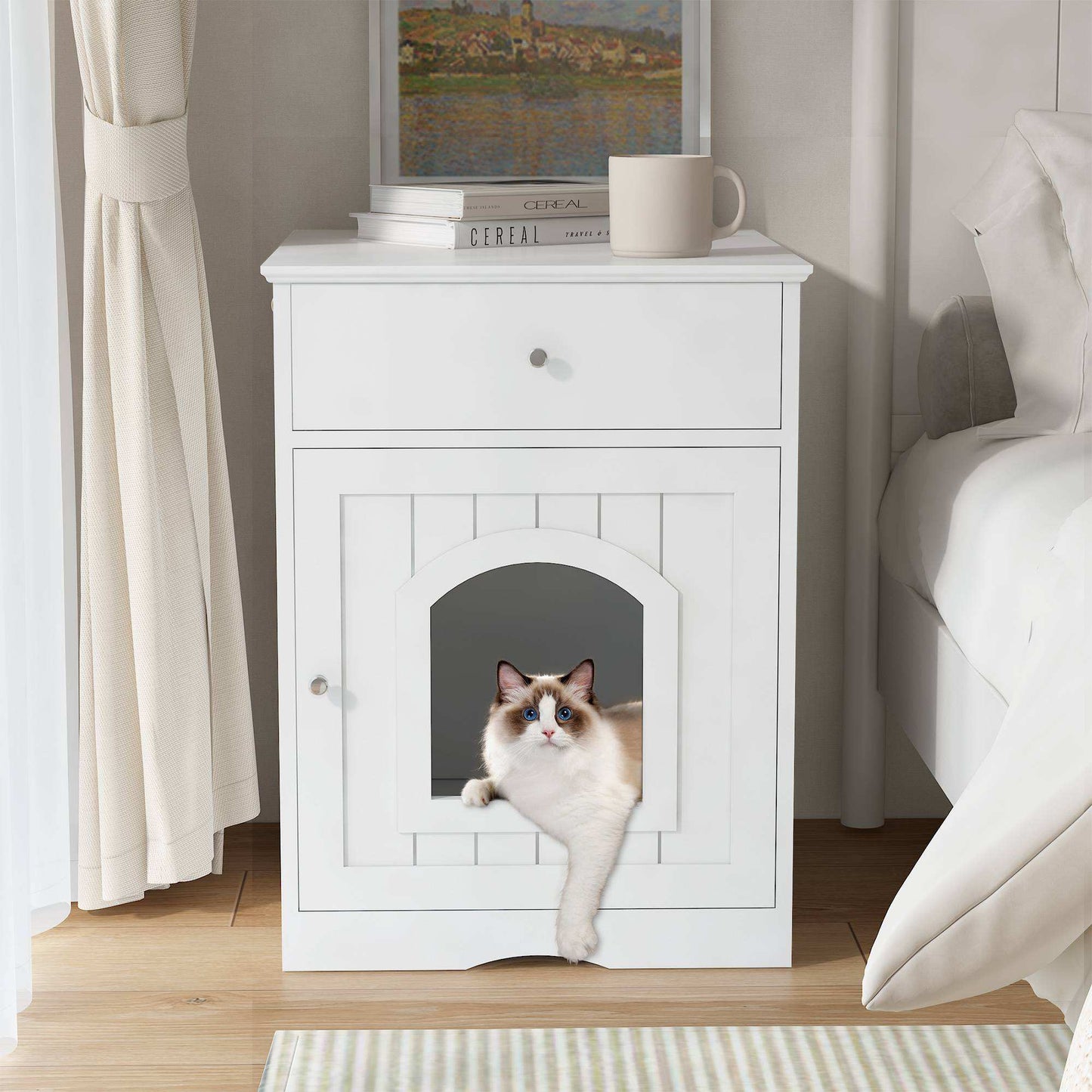 Wooden Pet House Cat Litter Box Enclosure With Drawer Side Table Cat Home Nightstand - Purrfect Pet Haven