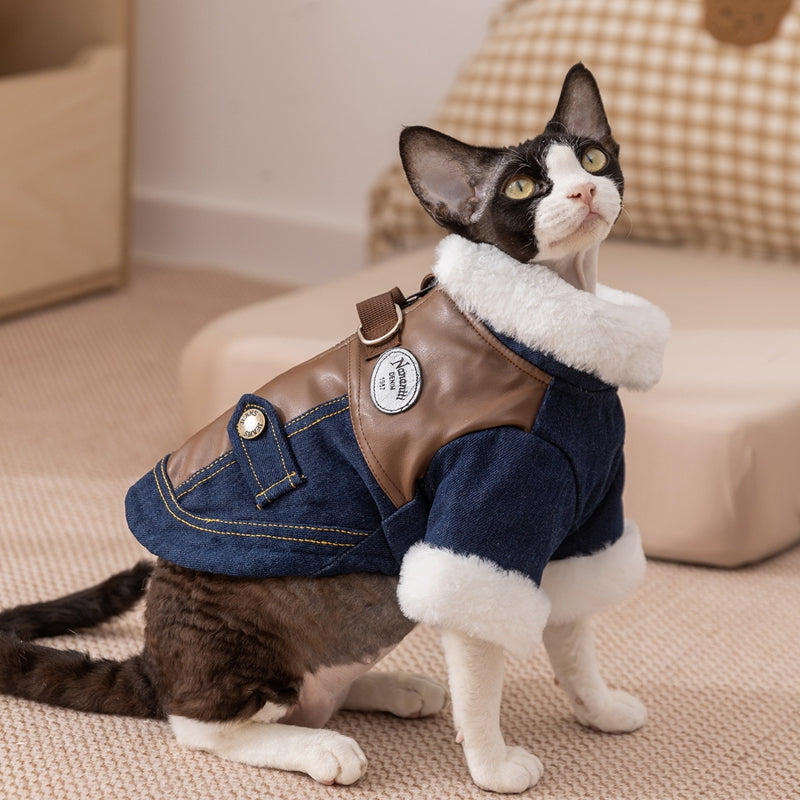 Retro Rebel Jacket - Denim Pet Coat with Fur - Purrfect Pet Haven