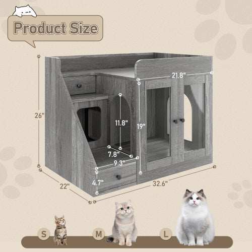 GO Cat Litter Box Enclosure With Light , Hidden Litter Box Furniture With 2 Storage Drawers, Indoor Cat House Side Table For Living Room - Purrfect Pet Haven