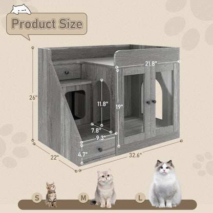 GO Cat Litter Box Enclosure With Light , Hidden Litter Box Furniture With 2 Storage Drawers, Indoor Cat House Side Table For Living Room - Purrfect Pet Haven